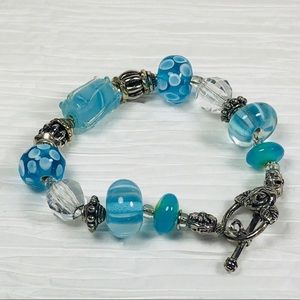 Silver and Blue Glass Bead Bracelet Toggle Clasp